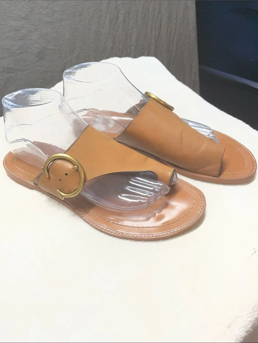 Coach Tan Leather Slide Sandals with Brass Ring Buckle